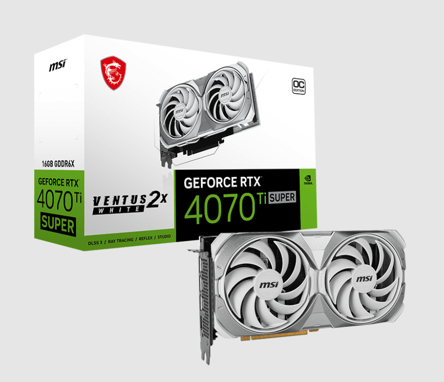  nVIDIA GeForce RTX 4070 Ti SUPER 16G VENTUS 2X WHITE OC<br>Boost Mode: 2640 MHz, 1x HDMI/ 3x DP, Max Resolution: 7680 x 4320, 1x 16-Pin Connector, Recommended: 700W  